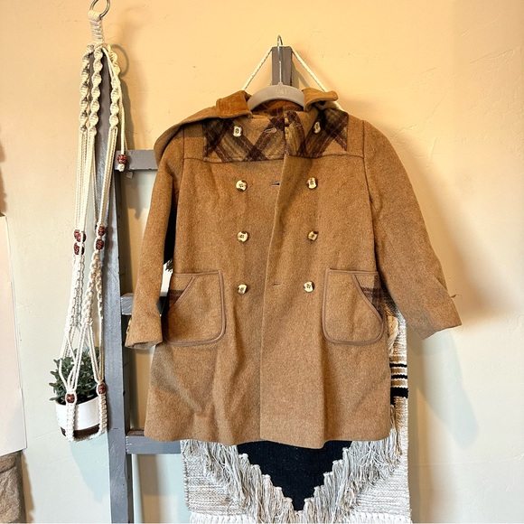 Super Wool Italian Origin Girls Pea Coat Camel Brown And Plaid - Picture 1 of 5